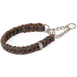 Fettlederhalsband geflochten mit Zugstoppkette – Zughalsband Leder