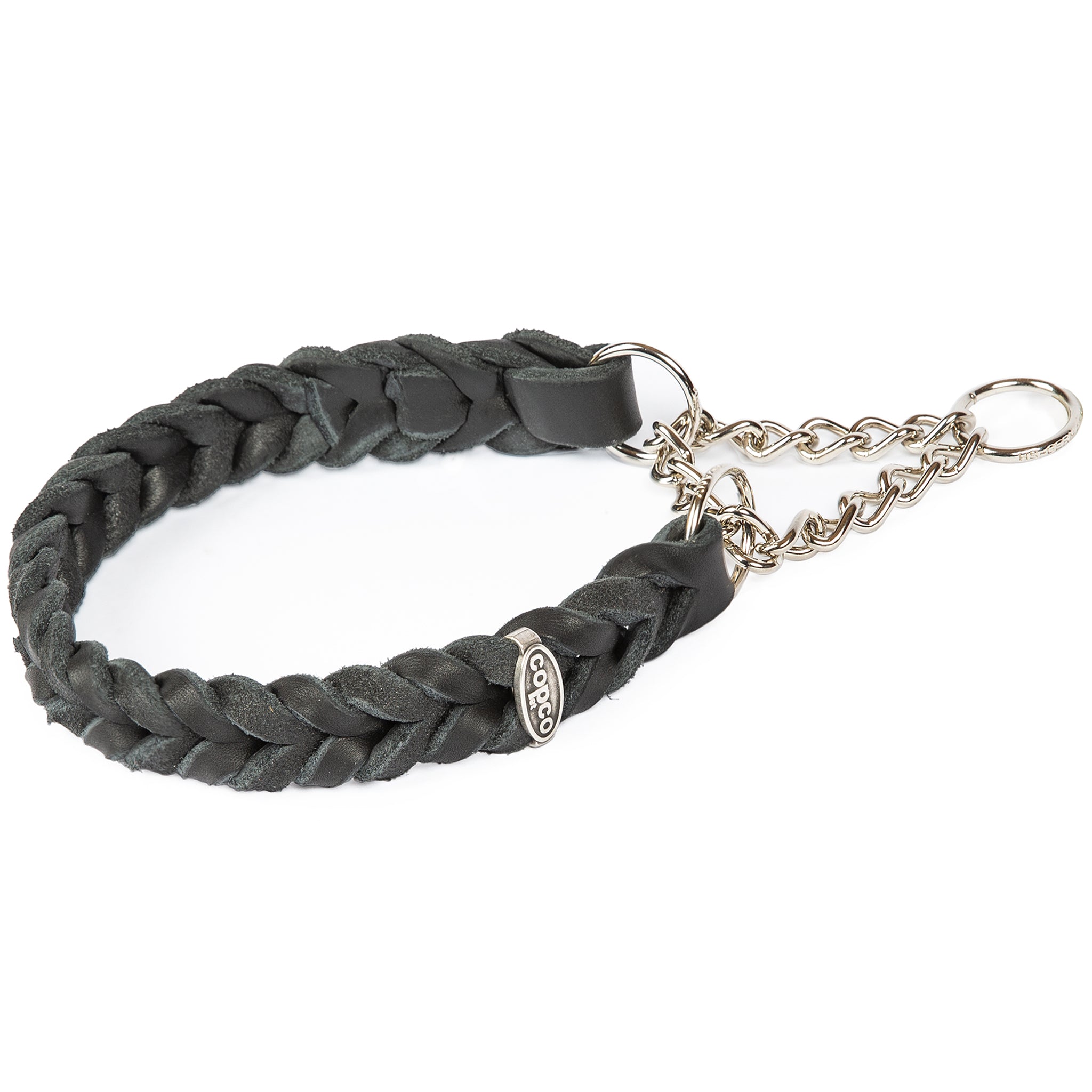 Fettlederhalsband geflochten mit Zugstoppkette – Zughalsband Leder