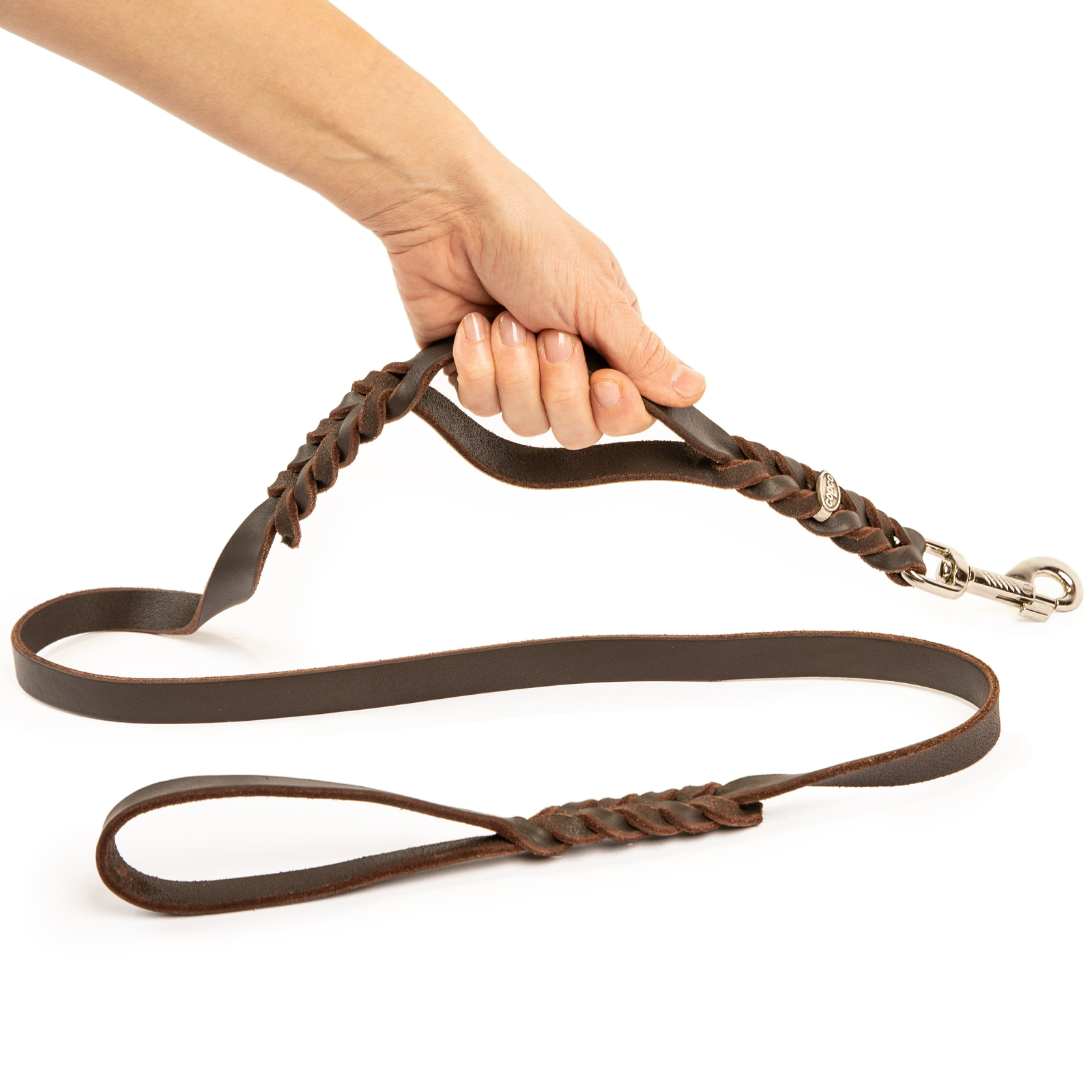 Fettlederleine mit 2 Handschlaufen Edelstahl Cognac 2 m x 20 mm