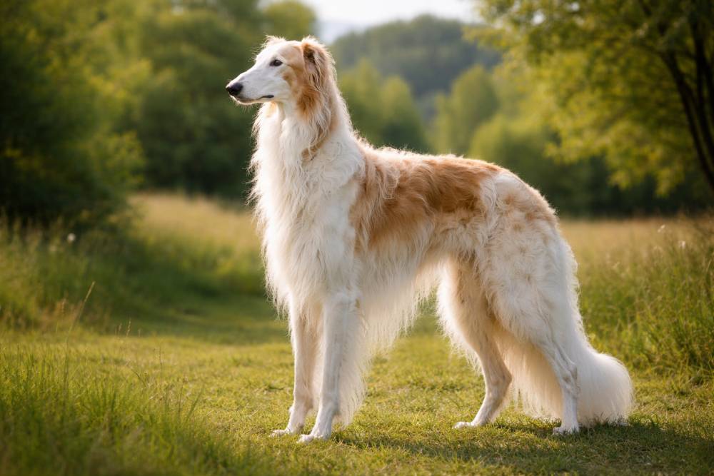 Eleganter Borzoi mit langem seidigem Fell steht aufmerksam auf einer Wiese