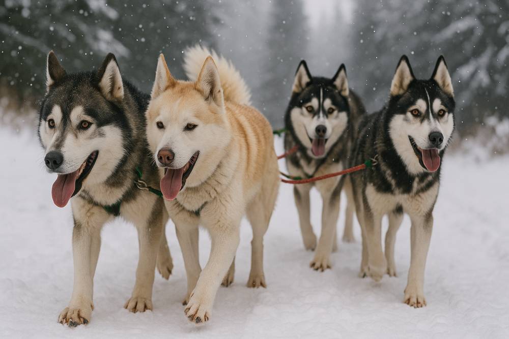 Mehrere Schlittenhunde im Schnee