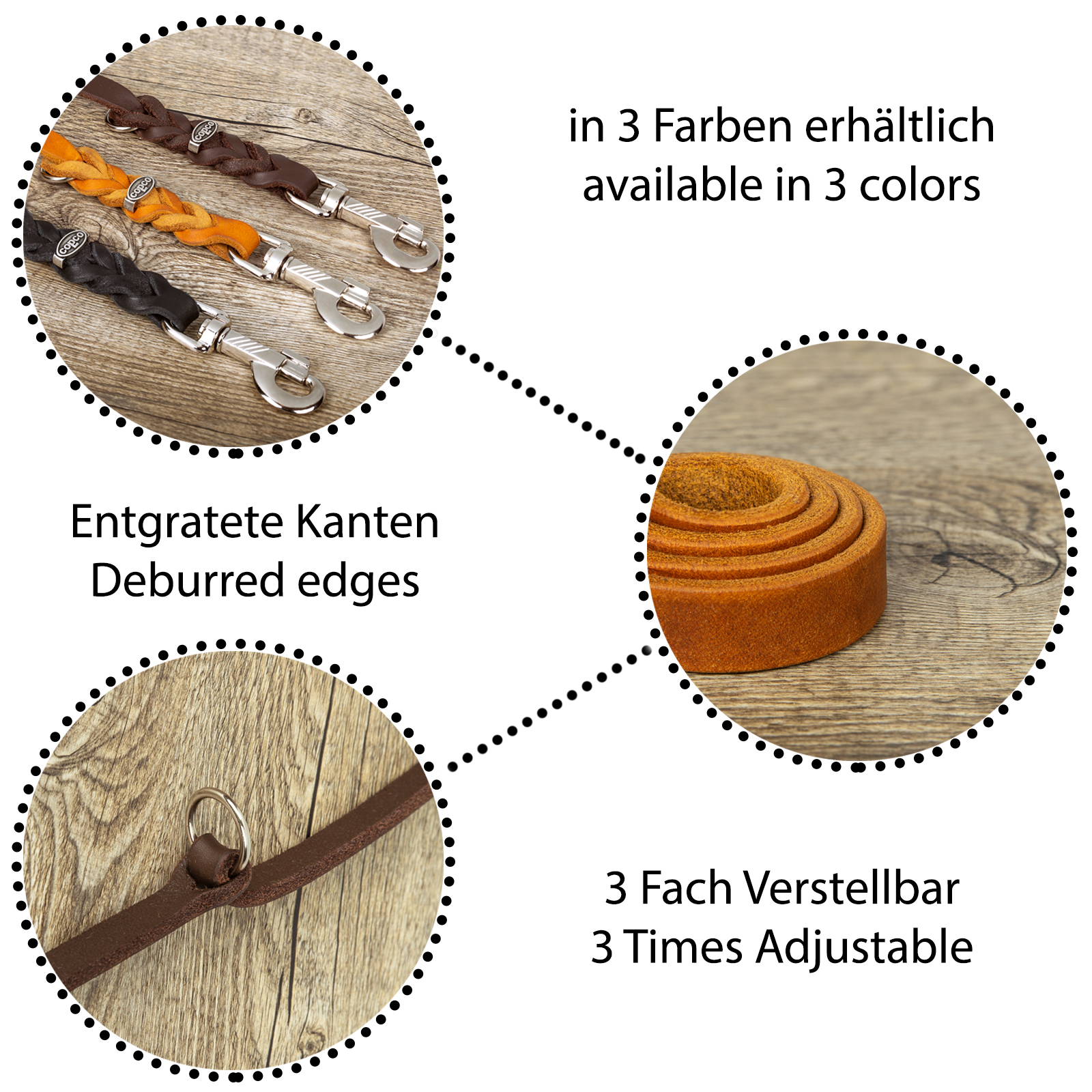 CopcoPet Fettlederleine 3fach verstellbar verchromt Braun 2 m x 8 mm