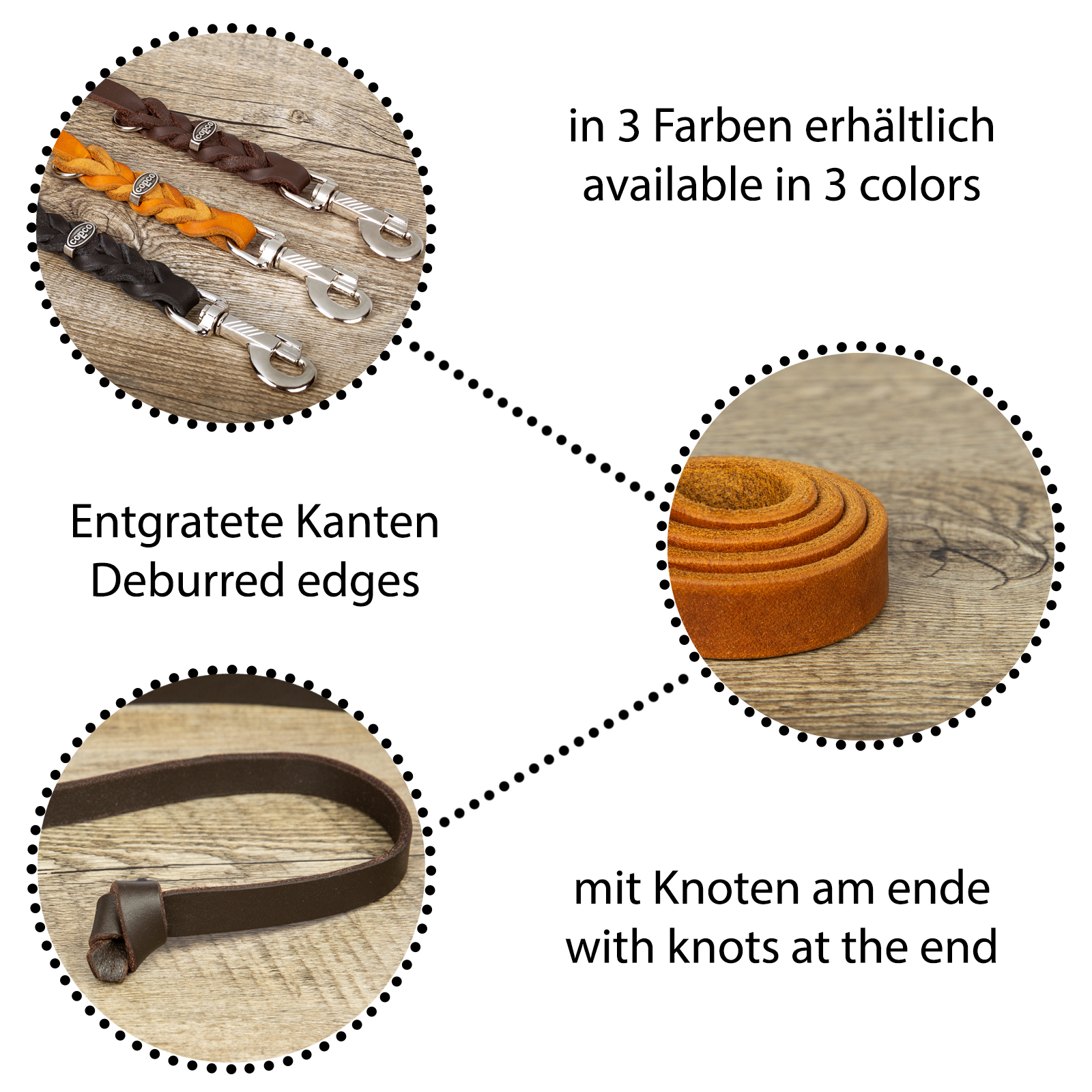 Fettleder-Leine verchromt ohne Handschlaufe Cognac 2,20 m x 12 mm