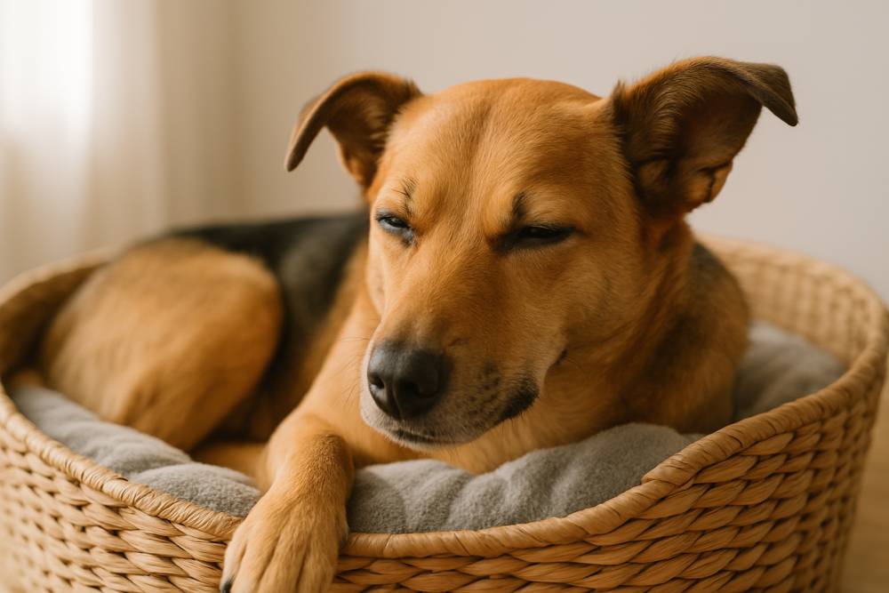 Hund döst entspannt im Körbchen