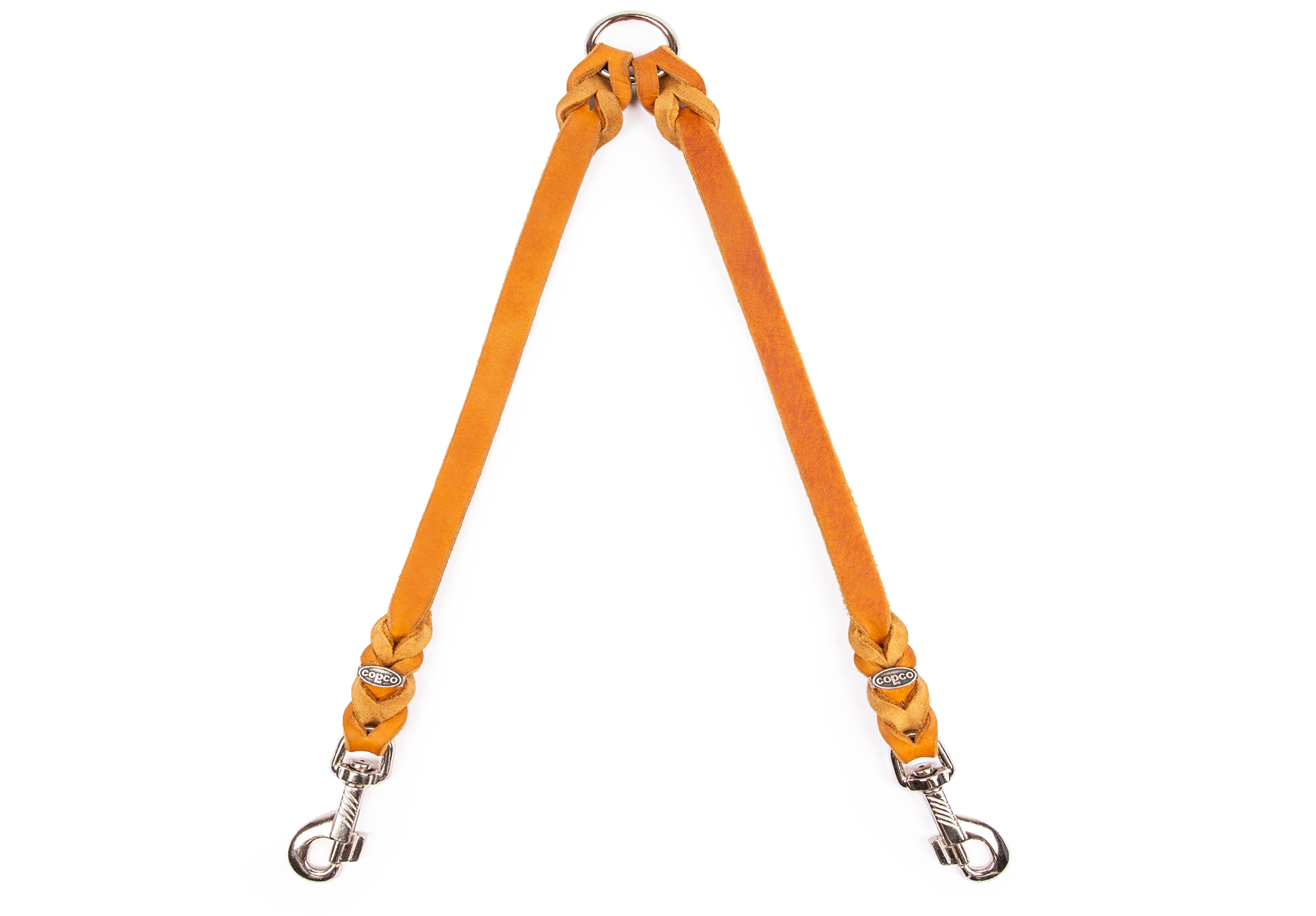 Koppel aus Fettleder mit 2 Karabiner verchromt Cognac 30 cm x 10 mm