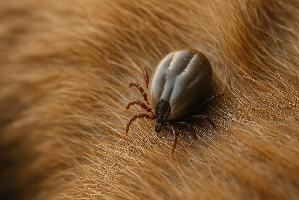 Zecke auf Hundehaut in Nahaufnahme