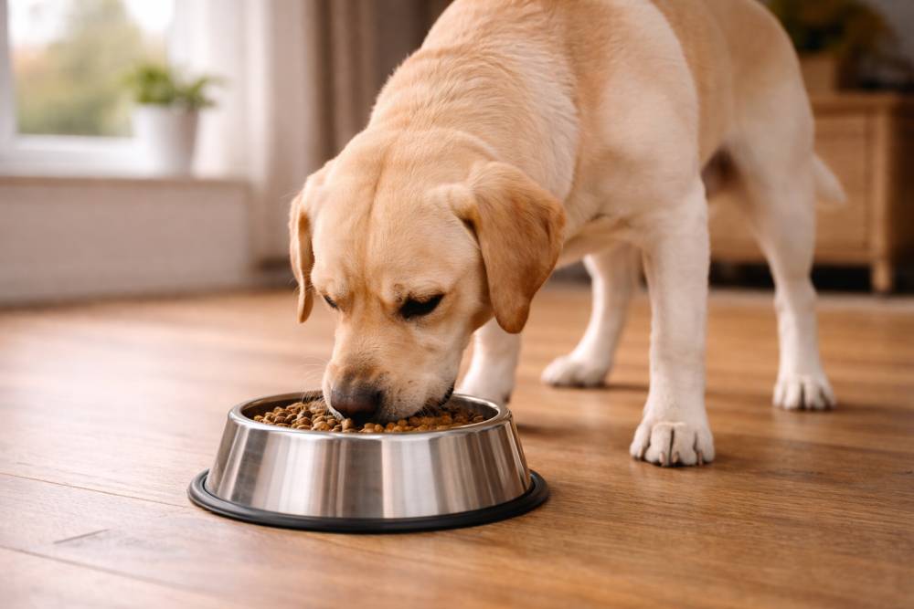 Hund frisst aus einem Napf