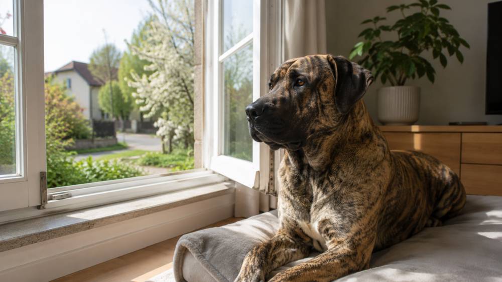 Wachsamer Hund liegt im hellen Wohnzimmer nahe einem offenen Fenster
