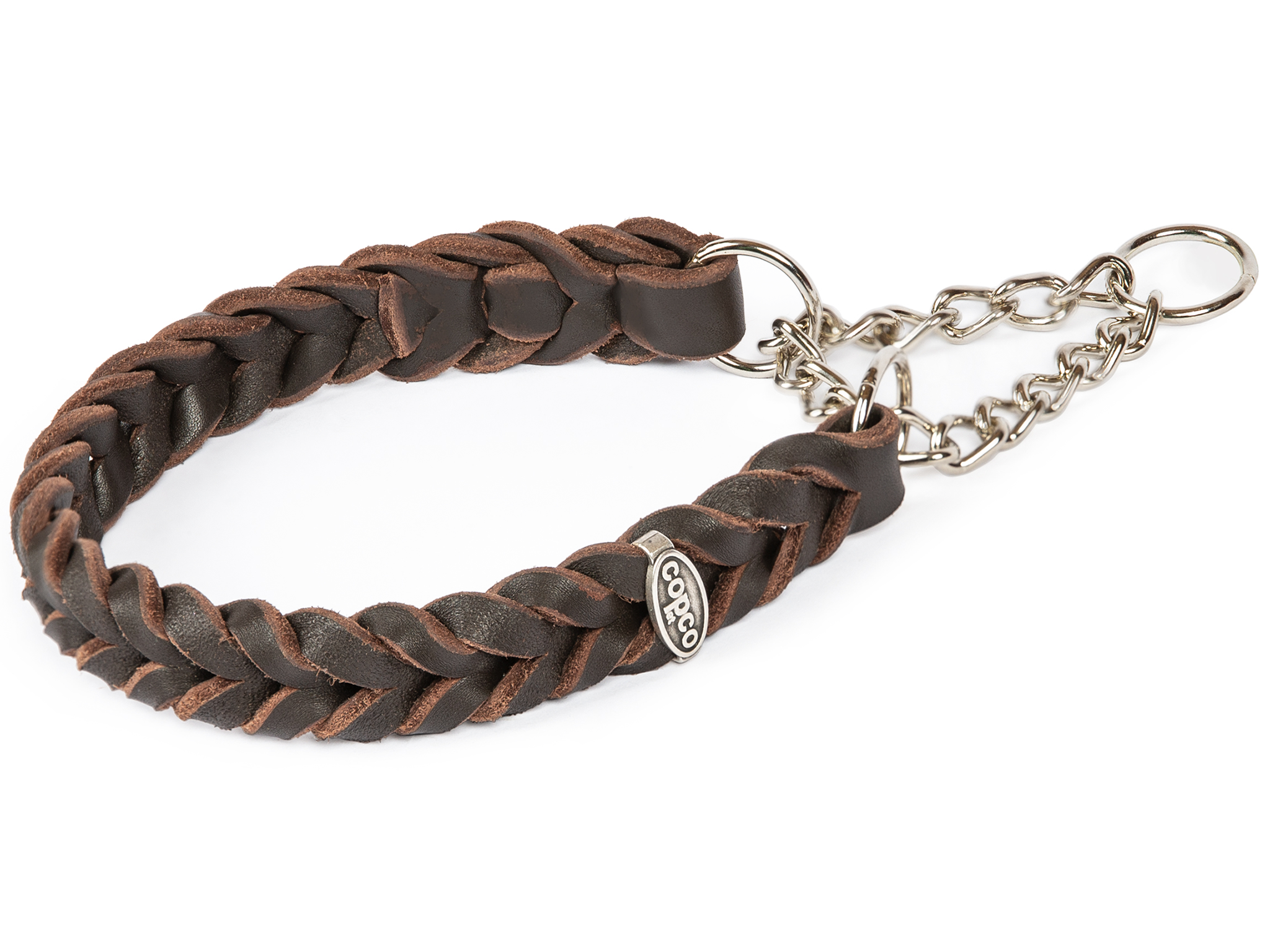 Fettlederhalsband geflochten mit verchromte Zugstopp Kette Braun 60 - 65 cm 25 mm