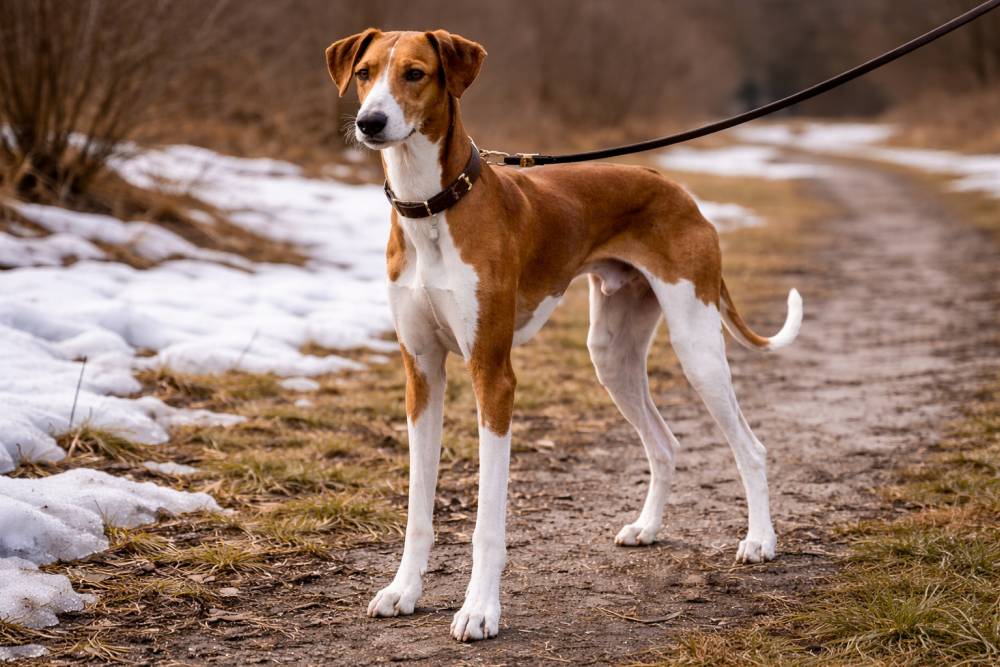 Hund wirkt beim Spaziergang leicht angespannt und aufmerksam in spätem Winterlicht.