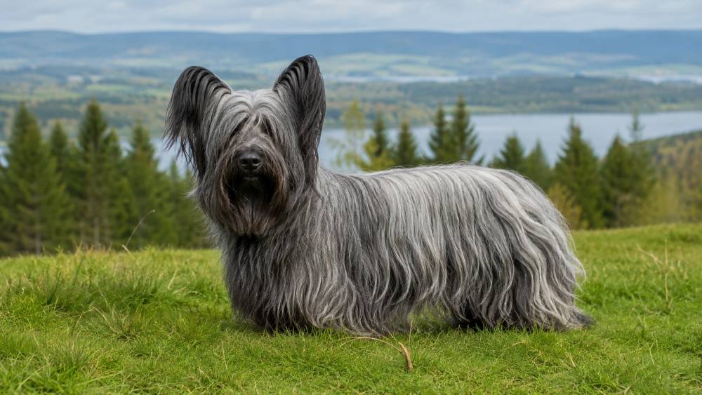 Langhaariger grauer Hund mit aufgerichteten Ohren steht aufmerksam auf einer Wiese