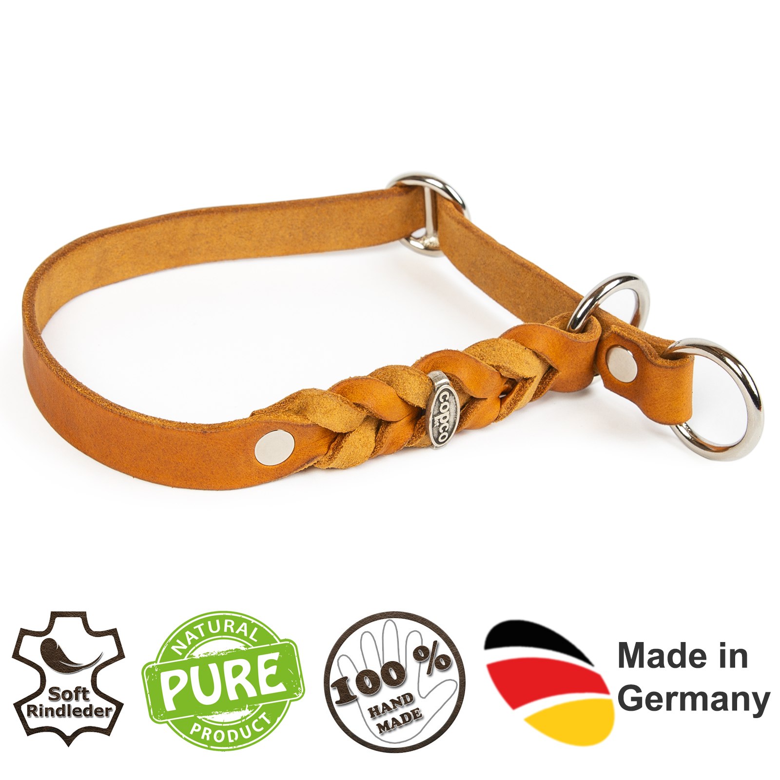 Fettleder Würger-Halsband Cleo geflochten verchromt Cognac 50 - 55 cm 10 mm