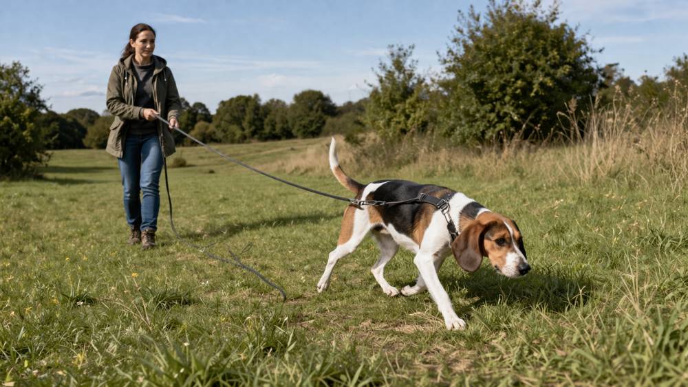 Ein Hund läuft an einer langen Leine über eine offene Wiese, während die Bezugsperson in einiger Entfernung aufmerksam die Leine führt und die Kontrolle behält.