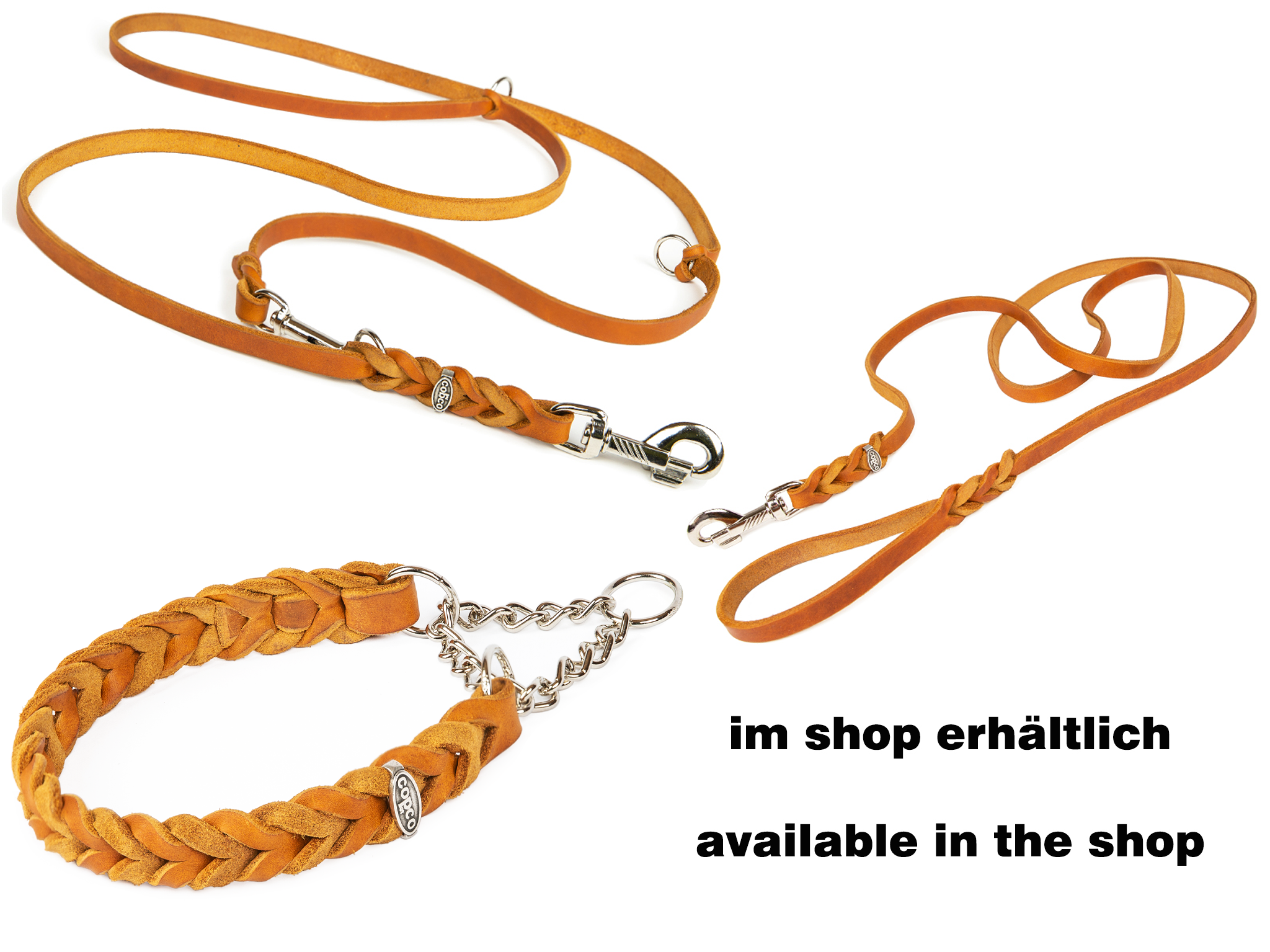 Fettlederhalsband geflochten mit verchromte Zugstopp Kette Cognac 60 - 65 cm 25 mm