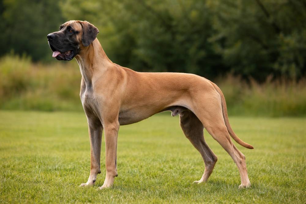 Große Dogge steht aufmerksam auf einer Wiese im Freien