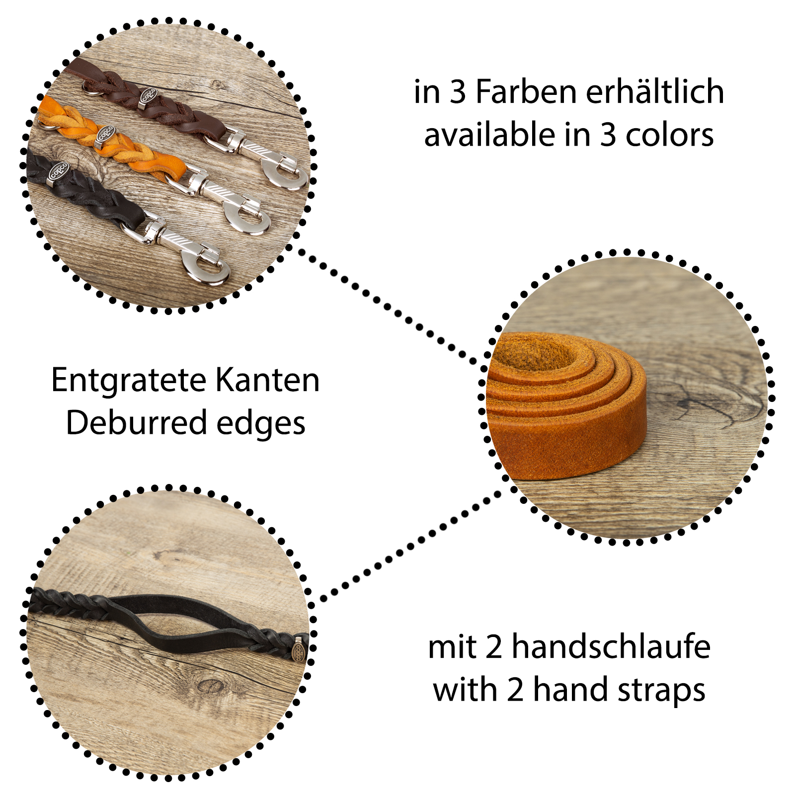 Fettlederleine mit 2 Handschlaufen Messing Schwarz 1,50 m x 12 mm