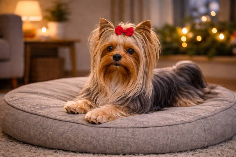Ein Yorkshire Terrier im Hundekörbchen