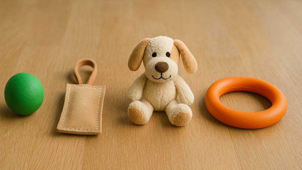 Unterschiedliche Hundespielzeuge für Apportieren, Zerren und Kauen nebeneinander angeordnet.
