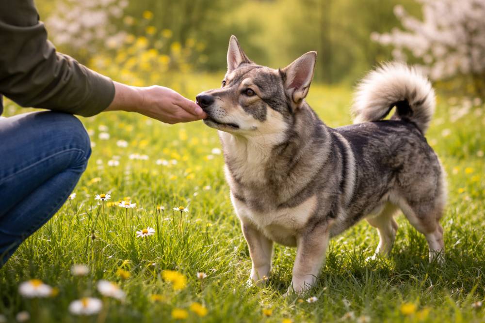 Västgötaspets übt konzentriert ein Targettraining auf einer Frühlingswiese