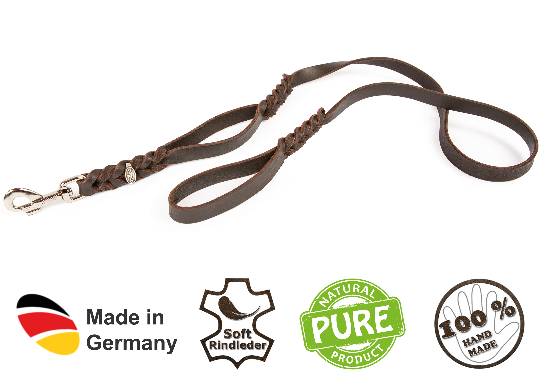 Fettlederleine mit 2 Handschlaufen verchromt Cognac 1,75 m x 15 mm