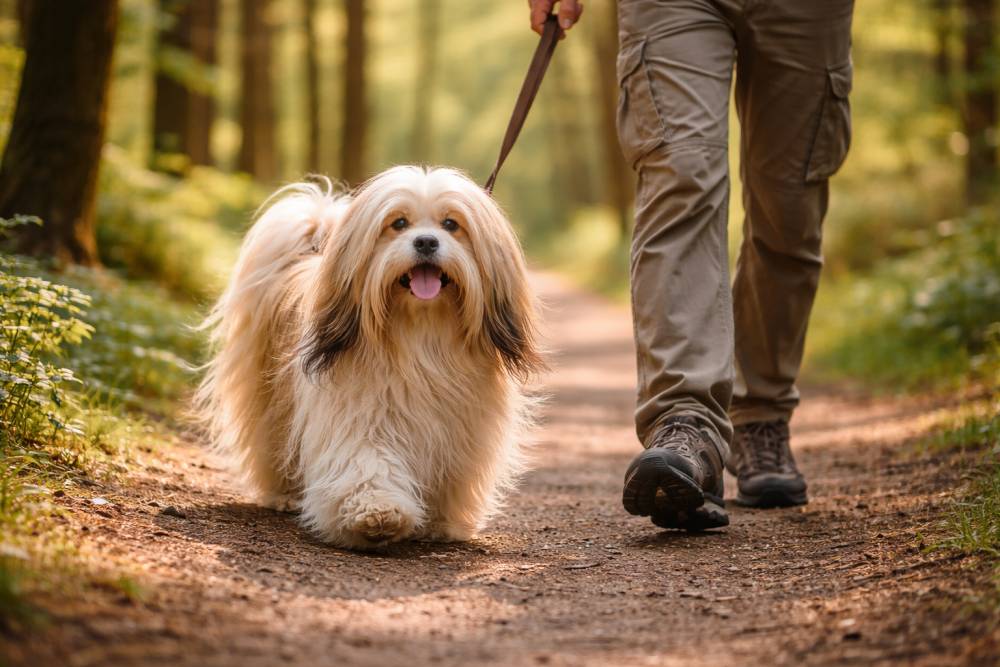 Lhasa Apso läuft gemeinsam mit seinem Halter auf einem Waldweg während eines längeren Spaziergangs in natürlicher Umgebung