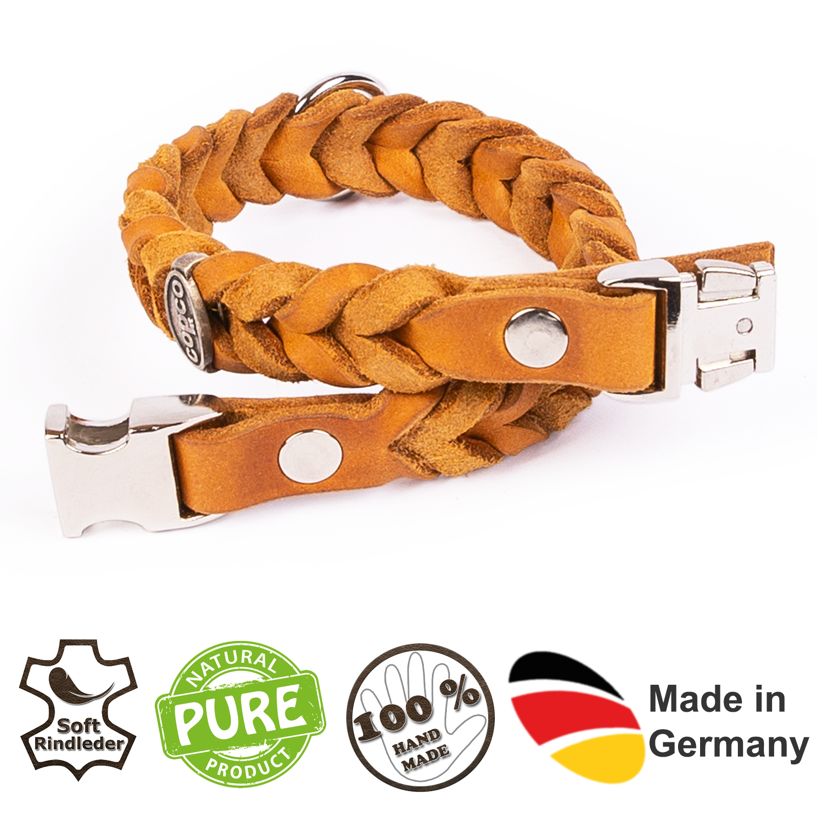 Fettleder Halsband geflochten mit silbernen Metall-Klick-Verschluß Cognac 20 cm 15 mm