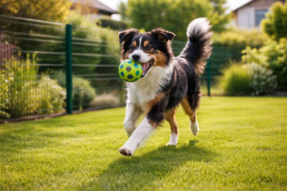 Ein Hund spielt mit einem Ball auf einer eingezäunten Gartenfläche mit grünem Rasen.