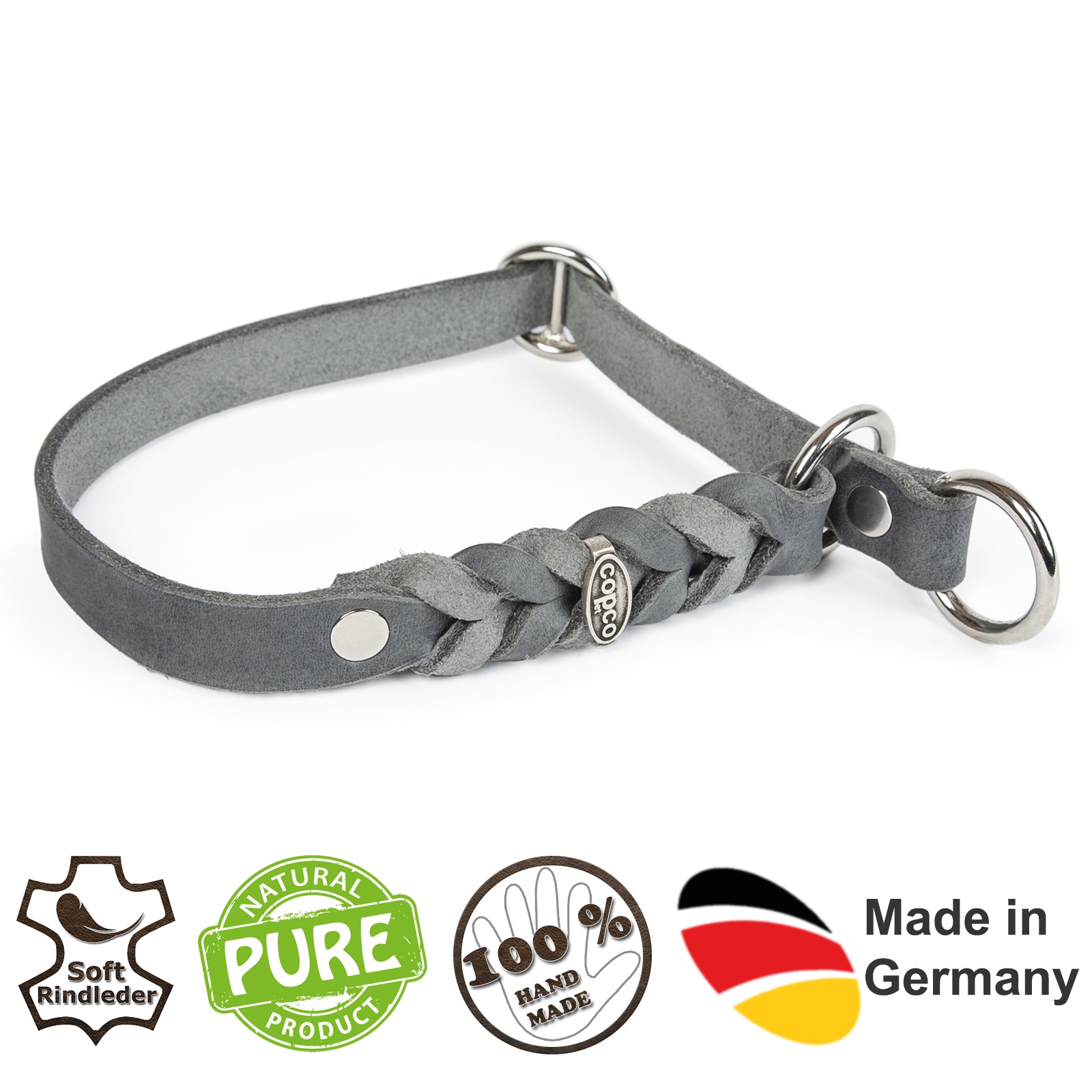 Fettleder Würger-Halsband Cleo geflochten verchromt Grau 60 - 65 cm 20 mm