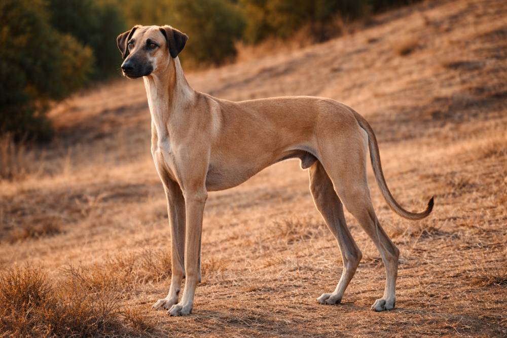 Schlanker kurzhaariger Windhund mit sandfarbigem Fell steht aufmerksam auf einer trockenen Landschaft