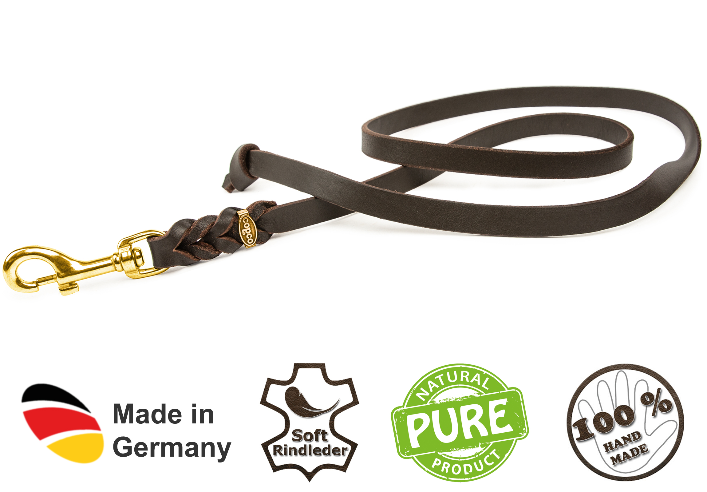 Fettleder-Leine Messing ohne Handschlaufe Schwarz 5 m x 8 mm