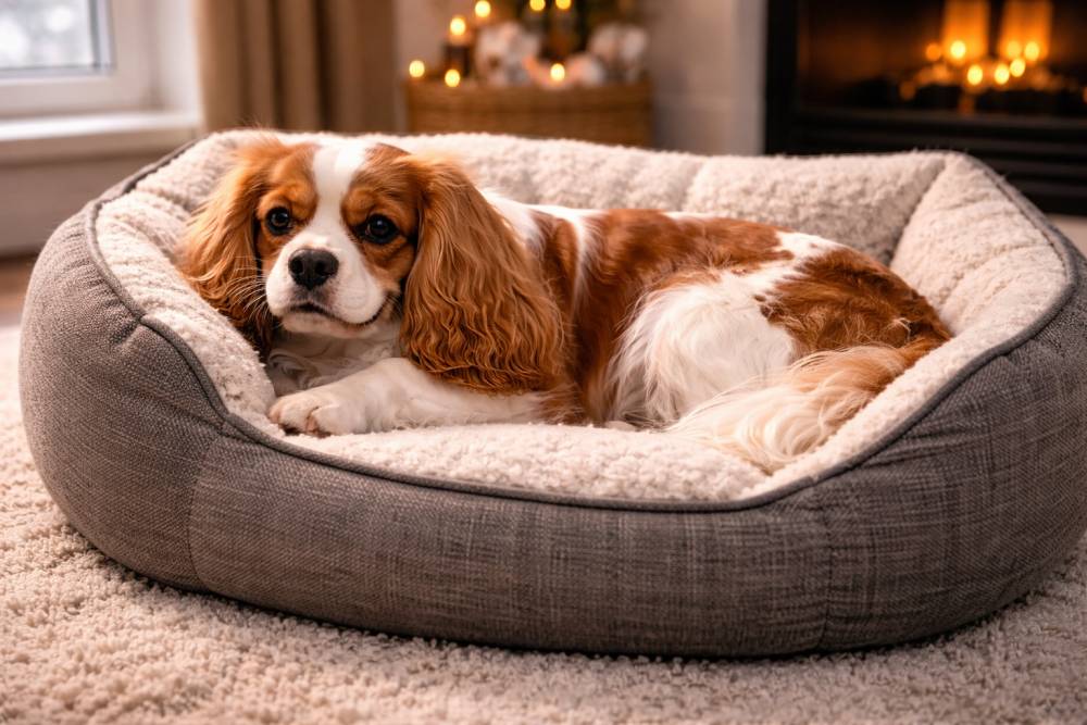 Hund ruht entspannt in einem gemütlichen Hundebett in winterlicher Wohnatmosphäre.