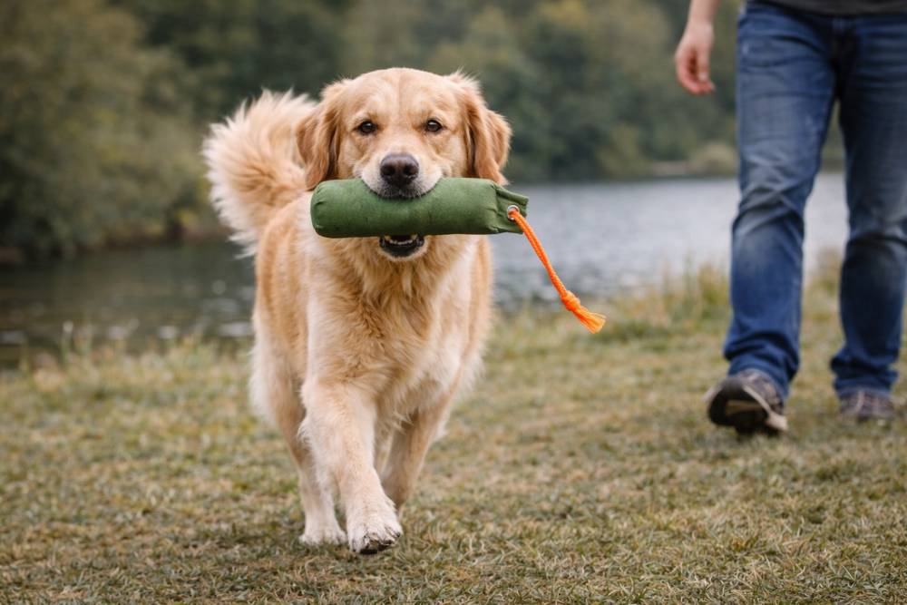 Hund beim Apportieren eines Dummys