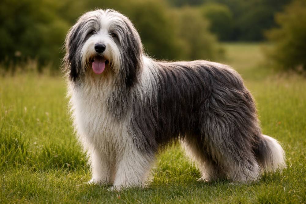 Langhaariger Hund mit zotteligem Fell steht auf einer Wiese im Freien