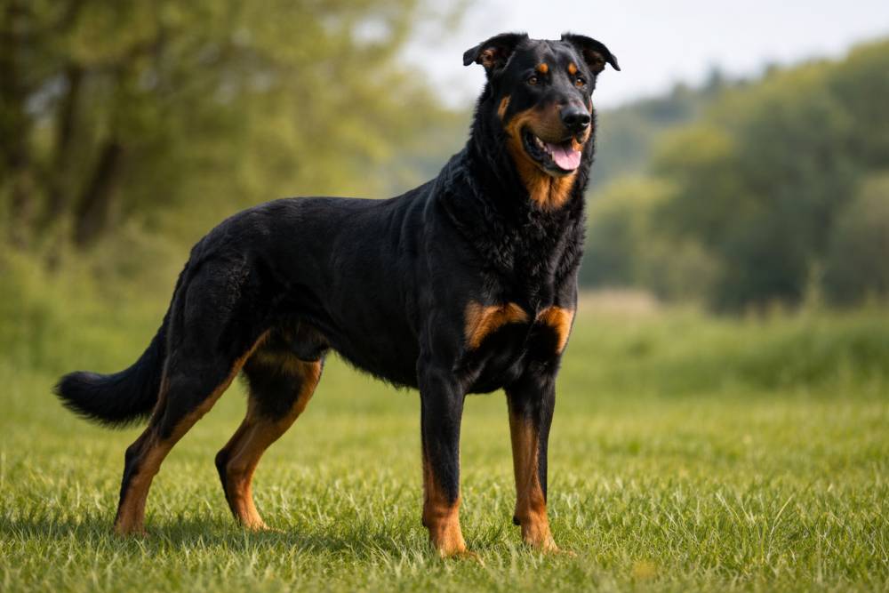 kräftiger schwarzer Hund mit lohfarbenen Abzeichen steht aufmerksam auf einer Wiese