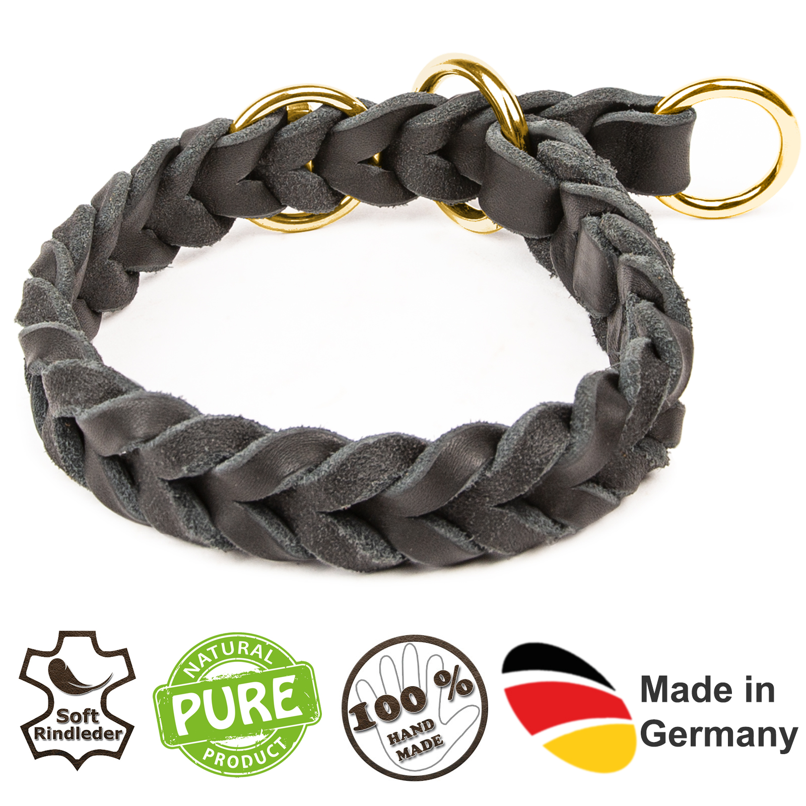 Fettlederhalsband mit Zugstopp Ring messing Schwarz 55 - 60 cm 20 mm