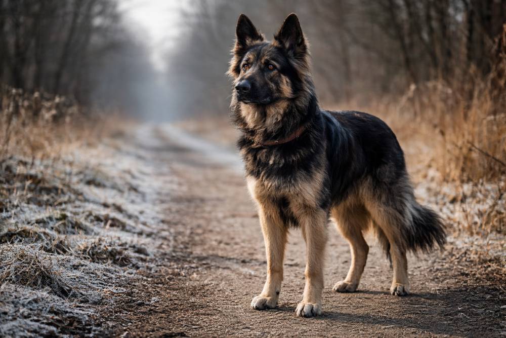 Aufmerksamer Hund im späten Winter auf einem Feldweg, kühle Luft und kahler Hintergrund, der Hund blickt angespannt in die Umgebung.