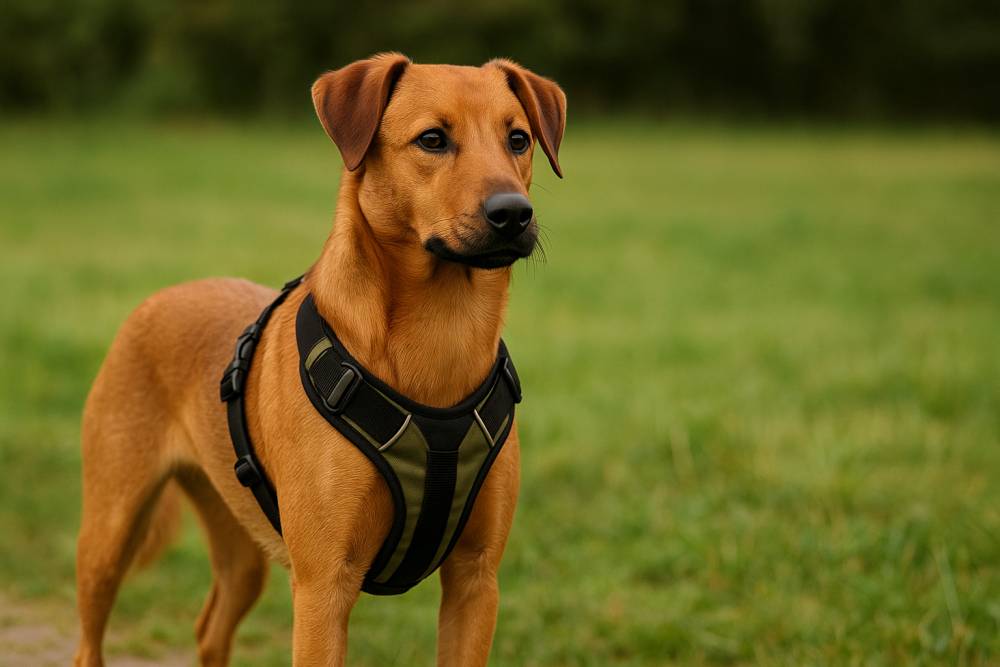 Hund mit Brustgeschirr im Freien