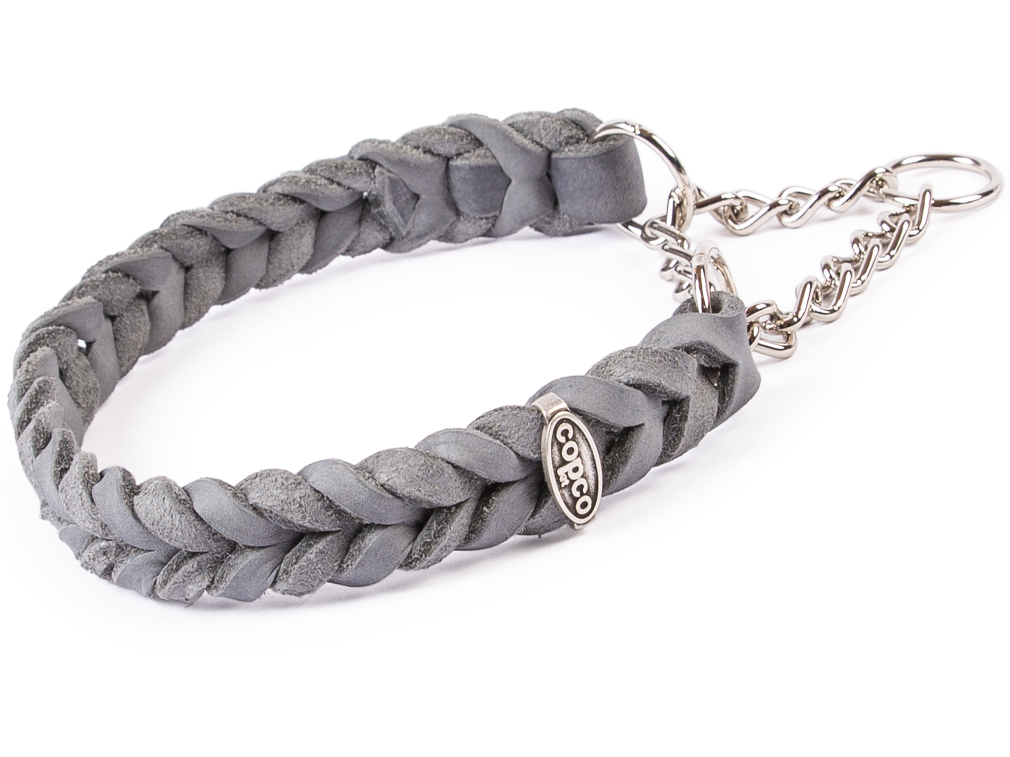 Fettleder Halsband geflochten mit verchromter Zugstopp Kette Grau 60 - 65 cm 25 mm