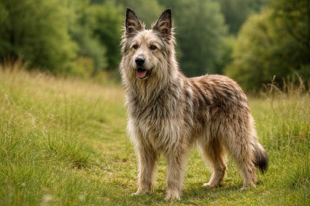 Rauhaariger mittelgroßer Hund mit stehenden Ohren auf einer Wiese