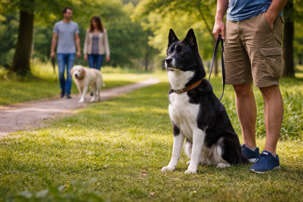 Ein Hund steht ruhig angeleint neben seinem Halter in einem grünen Park, während in mittlerer Entfernung ein anderer Hund vorbeigeführt wird
