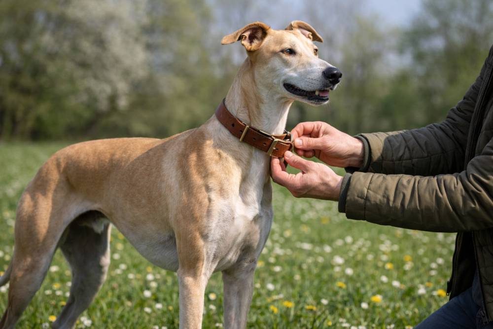 Ein Magyar Agar steht im Fruehjahr auf einer Wiese waehrend eine Person das Halsband auf Sitz und Materialzustand kontrolliert, natuerliches Tageslicht, ruhige Umgebung