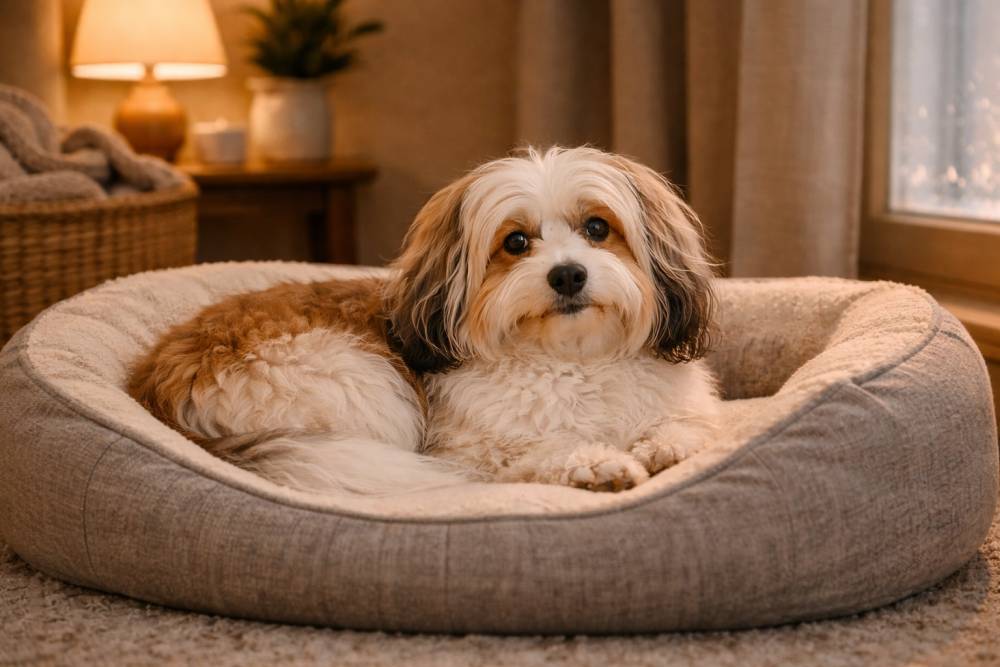 Ein Havaneser im Körbchen im Wohnzimmer