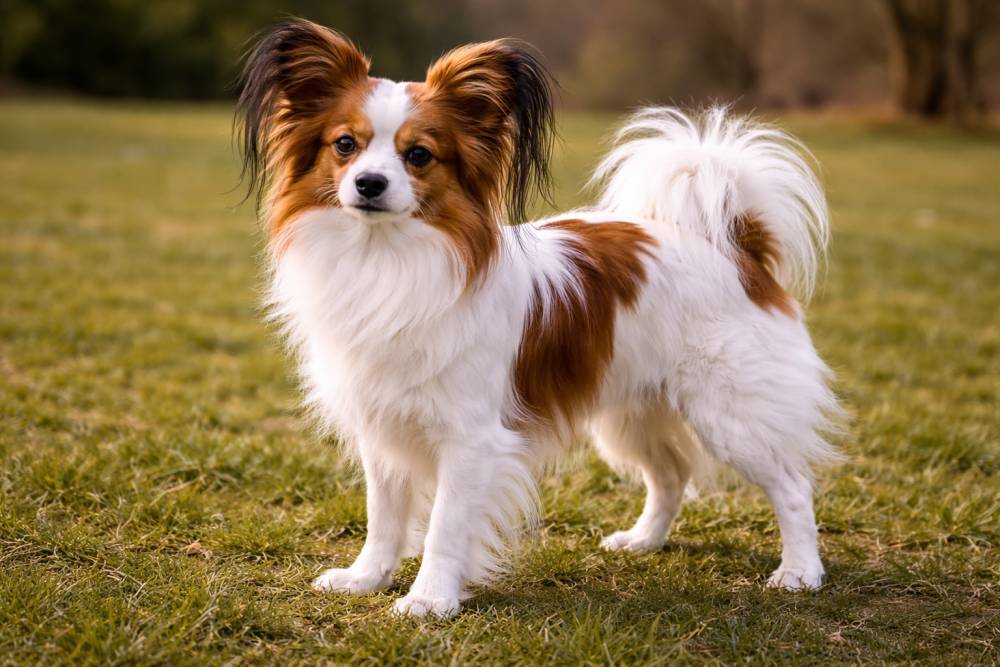 Papillon steht aufmerksam auf einer Wiese im natürlichen Licht