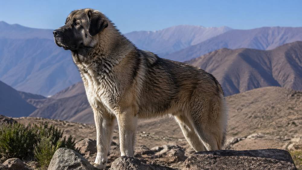 Mittelgroßer Hund mit dichtem Fell steht aufmerksam auf felsigem Gelände im Freien