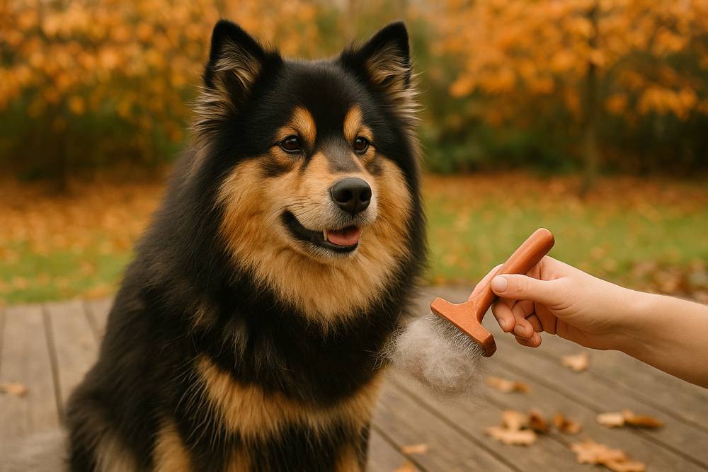 Hund wird auf Terrasse gebürstet, Bürste und Kamm liegen daneben.