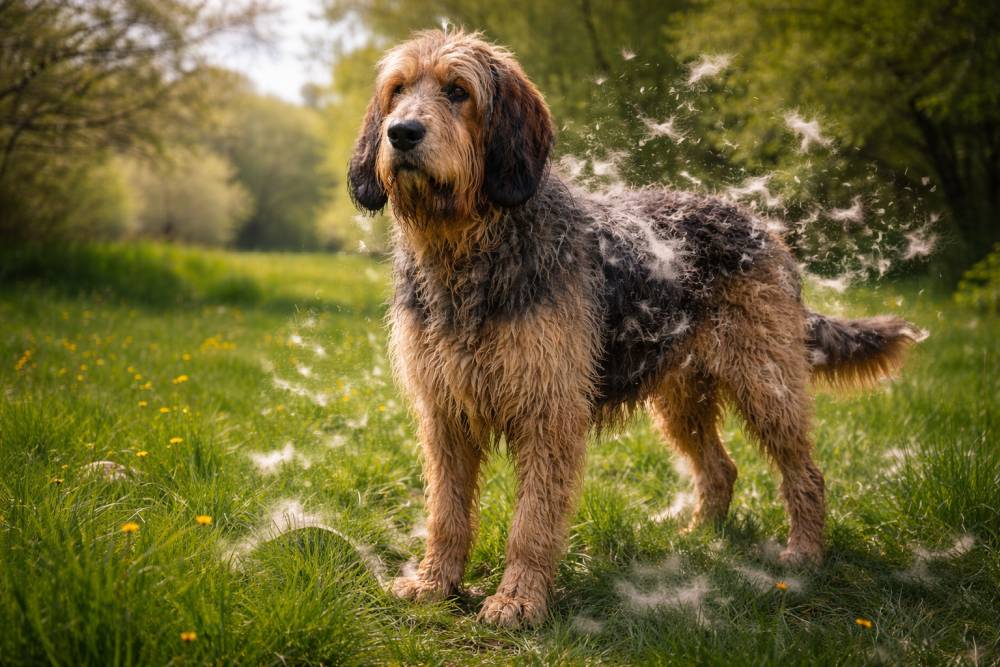 Otterhound steht im natürlichen Frühlingslicht auf einer Wiese während lose Winterhaare im Fell sichtbar sind und der saisonale Fellwechsel beginnt