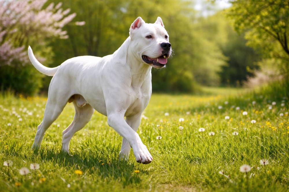 Ein weißer Dogo Argentino läuft aufmerksam über eine sonnige Frühlingswiese mit frischem Grün