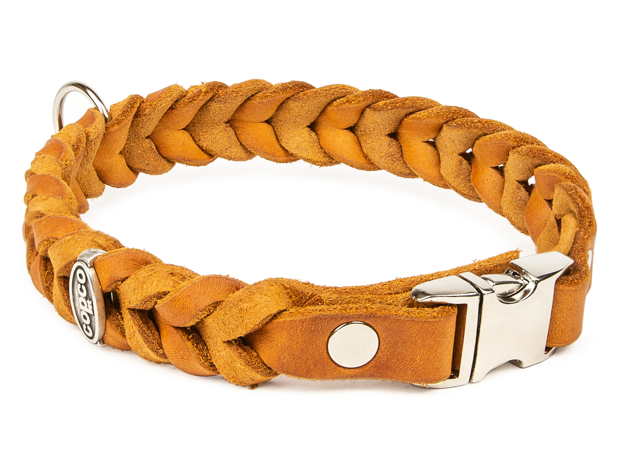 Fettleder Halsband geflochten mit silbernen Metall-Klick-Verschluß Cognac 20 cm 15 mm