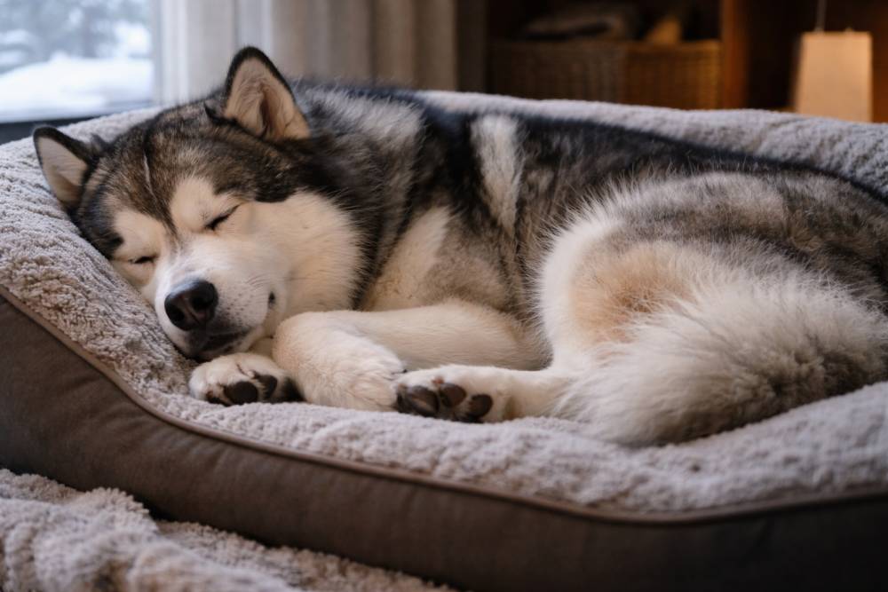 Hund schläft entspannt in einem warmen Hundebett bei winterlichem Licht.