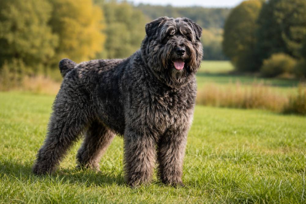 Kräftiger Bouvier des Flandres mit dichtem, zotteligem Fell steht aufmerksam auf einer grünen Wiese
